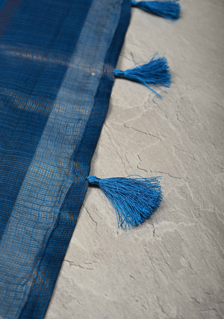 Peacock Blue Kota Doria Tissue Cotton Saree with Sona Rupa Zari Border