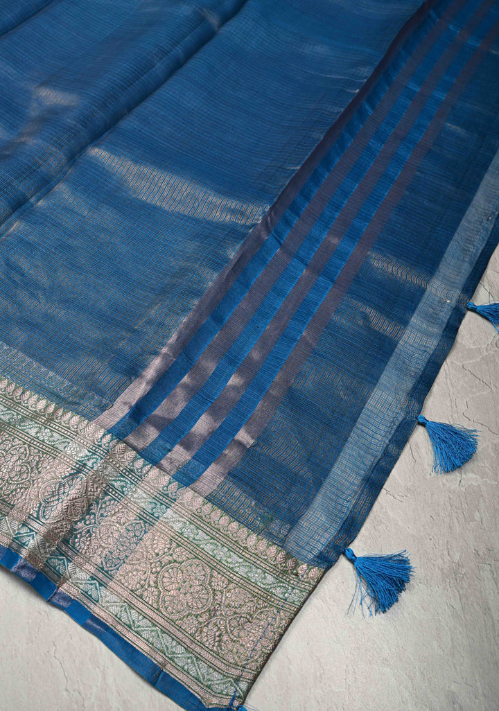 Peacock Blue Kota Doria Tissue Cotton Saree with Sona Rupa Zari Border