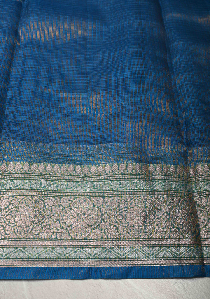 Peacock Blue Kota Doria Tissue Cotton Saree with Sona Rupa Zari Border