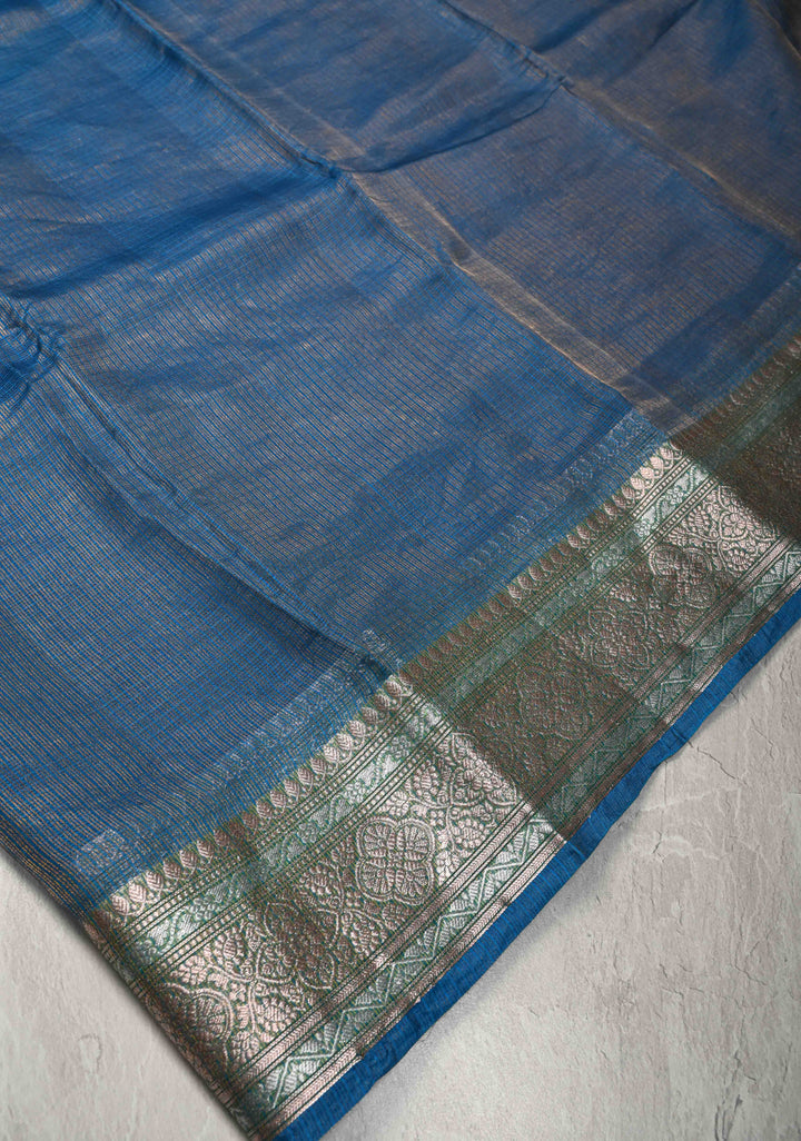Peacock Blue Kota Doria Tissue Cotton Saree with Sona Rupa Zari Border
