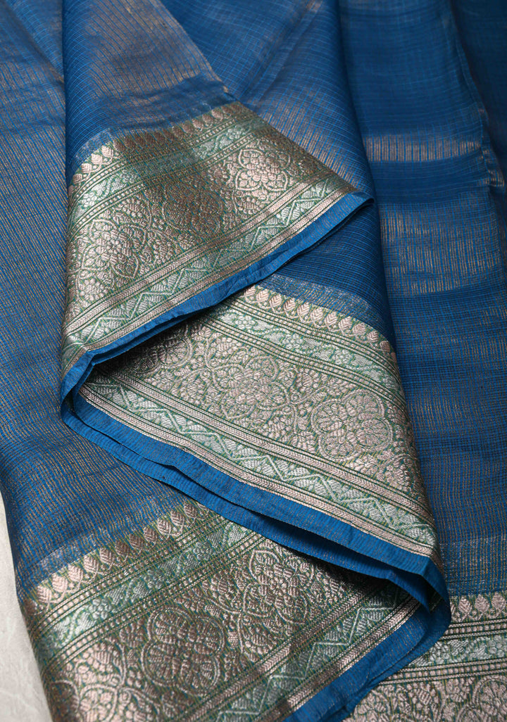 Peacock Blue Kota Doria Tissue Cotton Saree with Sona Rupa Zari Border