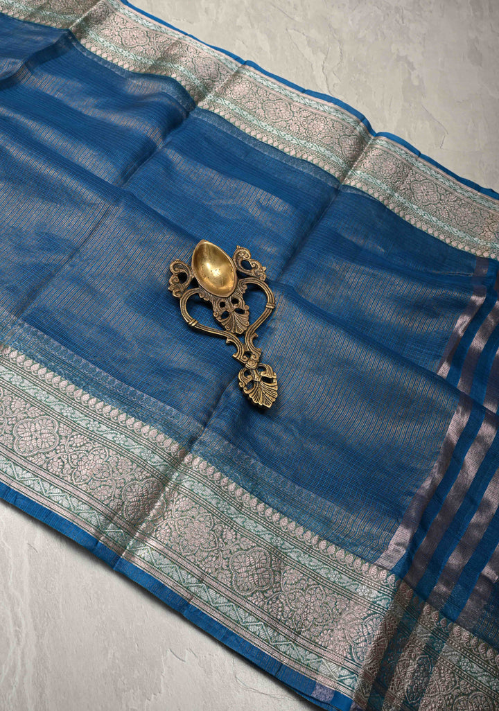 Peacock Blue Kota Doria Tissue Cotton Saree with Sona Rupa Zari Border