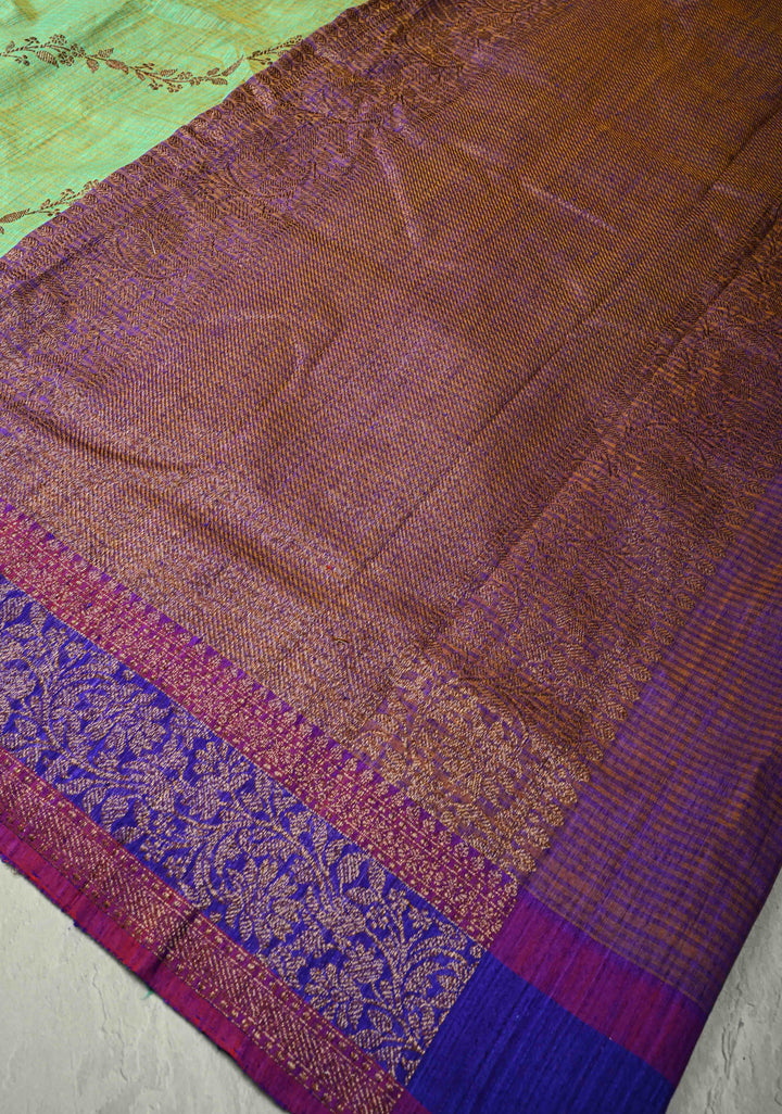 Green Dual Tone Dupion Banarasi Pure Silk Saree with Jungla Leheria Jaal Pattern and Antique Zari Borders | SILK MARK CERTIFIED