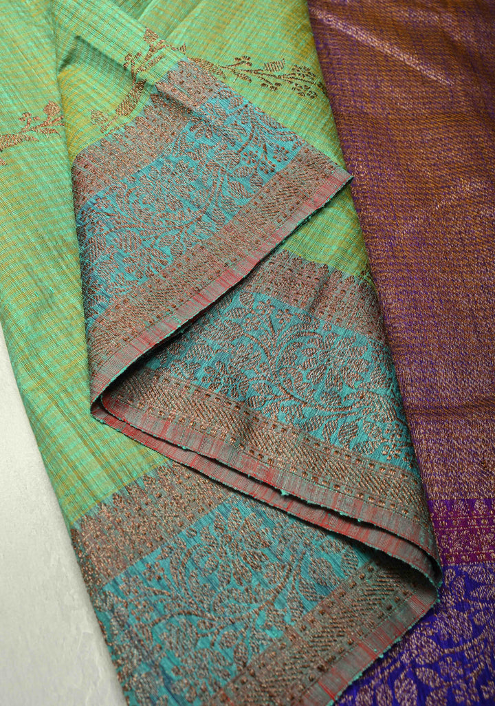 Green Dual Tone Dupion Banarasi Pure Silk Saree with Jungla Leheria Jaal Pattern and Antique Zari Borders | SILK MARK CERTIFIED
