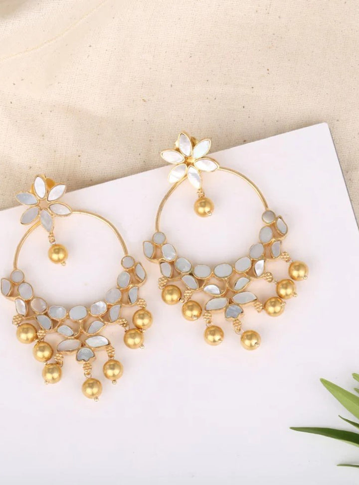 92.5 Silver 24 Kt Gold Plated Mother of Pearls Chandbali Earring with dangling Beads