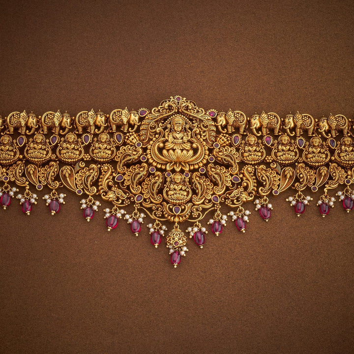 Gold Plated Ethnic Antique Waist Belt with Lakshmi Units and Dangling Beads