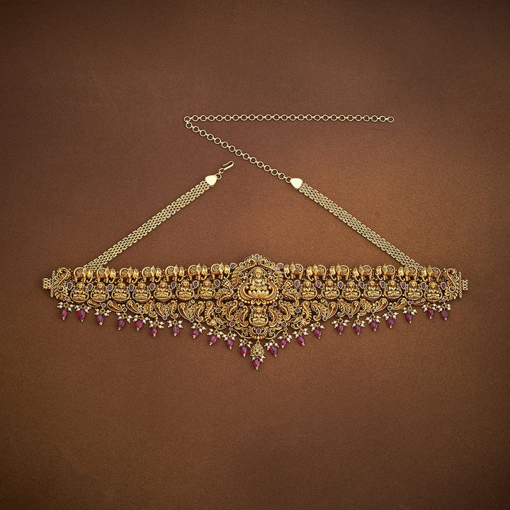 Gold Plated Ethnic Antique Waist Belt with Lakshmi Units and Dangling Beads