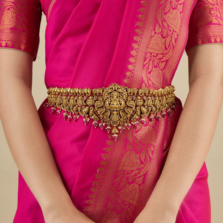 Gold Plated Ethnic Antique Waist Belt with Lakshmi Units and Dangling Beads
