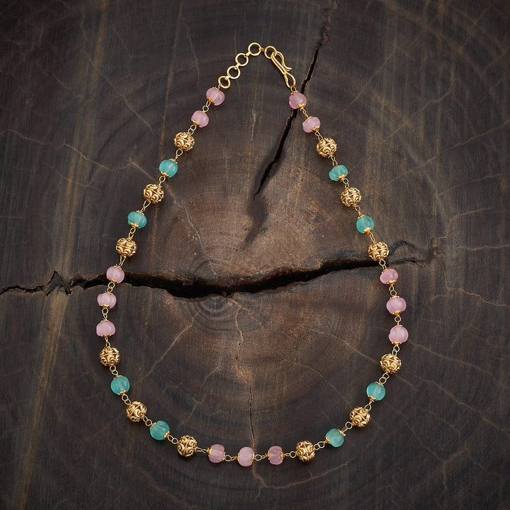 Delicate Chain or Mala with Ornate Gold Beads and Pink-Mint Green Gemstones