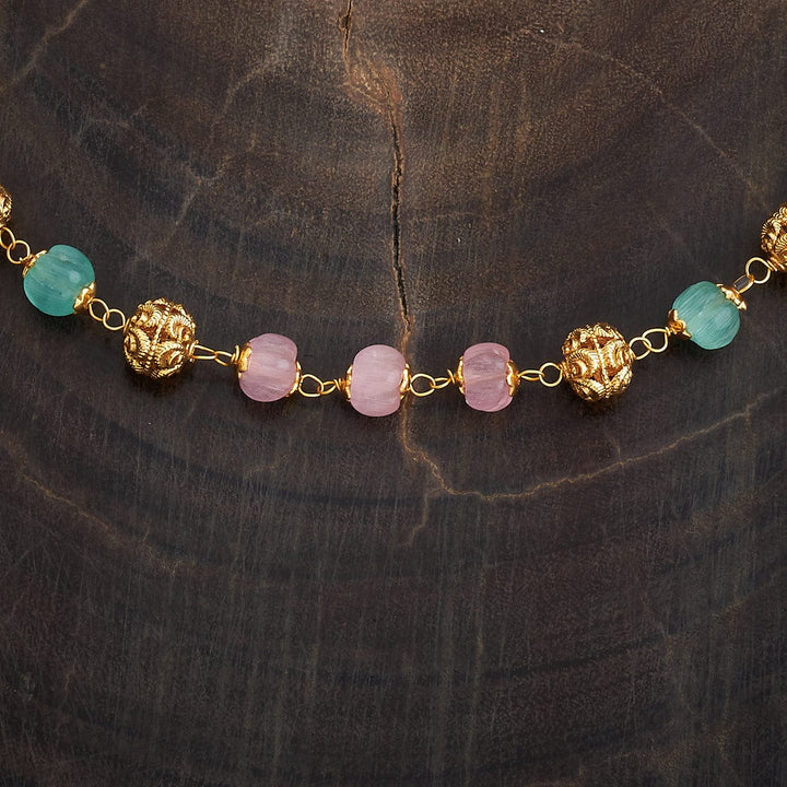 Delicate Chain or Mala with Ornate Gold Beads and Pink-Mint Green Gemstones