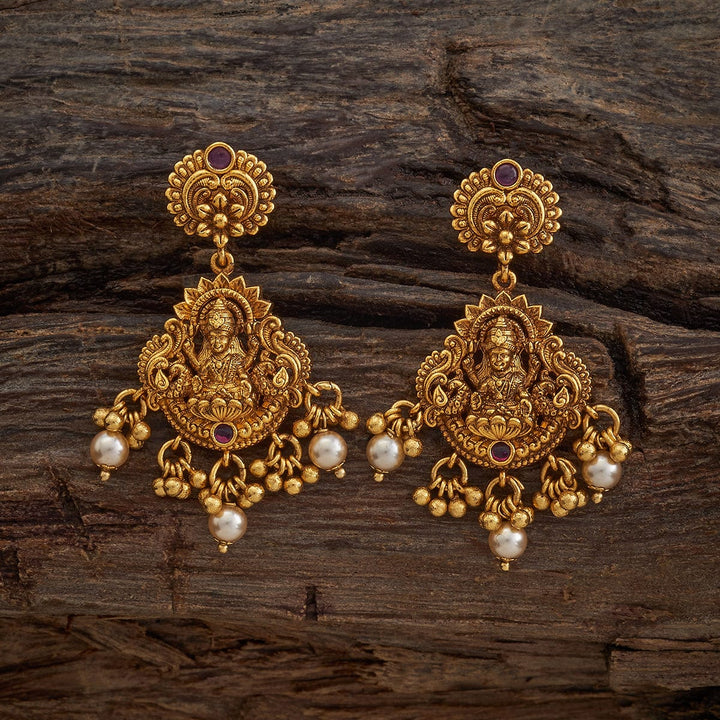 Lotus and Lakshmi Design Antique Earring with Dangling Pearls