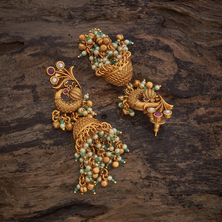 Gold-Plated Peacock Jhumka Earrings with Gemstones and Beads