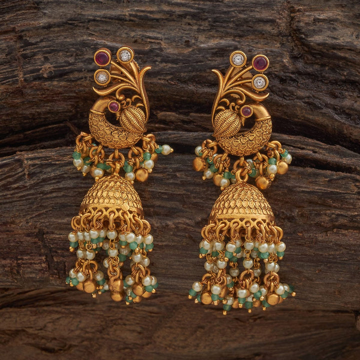 Gold-Plated Peacock Jhumka Earrings with Gemstones and Beads