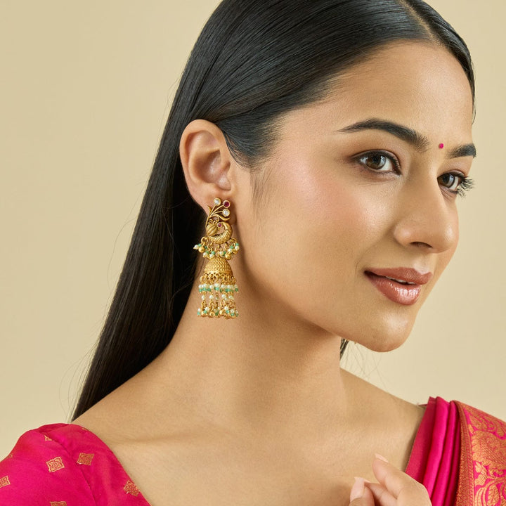 Gold-Plated Peacock Jhumka Earrings with Gemstones and Beads