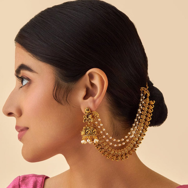 Traditional 3 Strand Antique Gold-Plated Ornate Ear Chain with Gemstone and Pearls