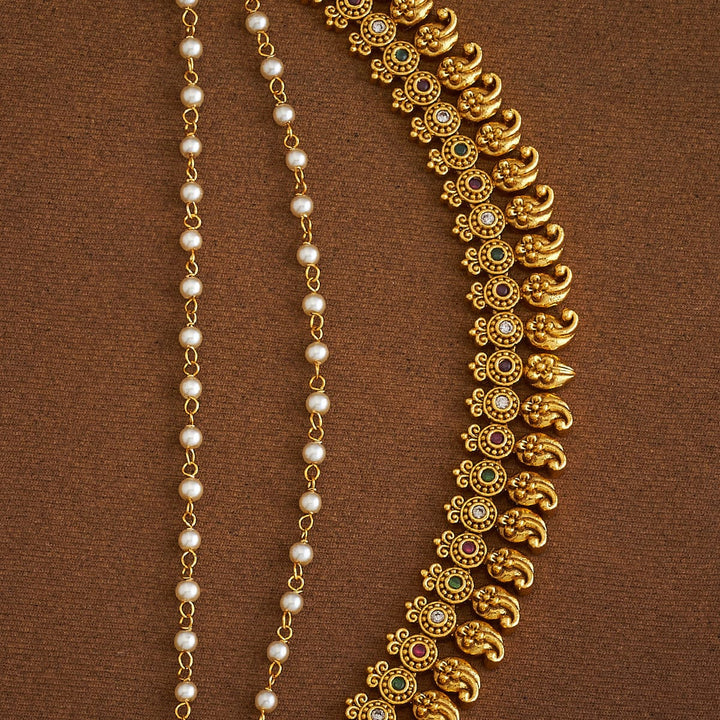 Traditional 3 Strand Antique Gold-Plated Ornate Ear Chain with Gemstone and Pearls