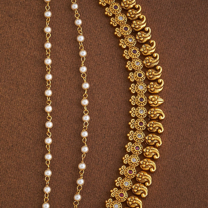 Traditional 3 Strand Antique Gold-Plated Ornate Ear Chain with Gemstone and Pearls