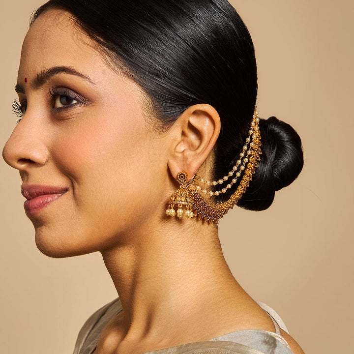 Antique Gold-Plated Floral Design with Stone-Studded and Pearls Layered Matil