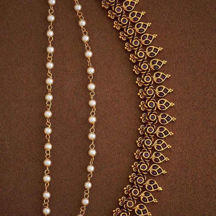Antique Gold-Plated Floral Design with Stone-Studded and Pearls Layered Matil