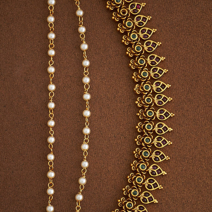 Antique Gold-Plated Floral Design with Stone-Studded and Pearls Layered Matil