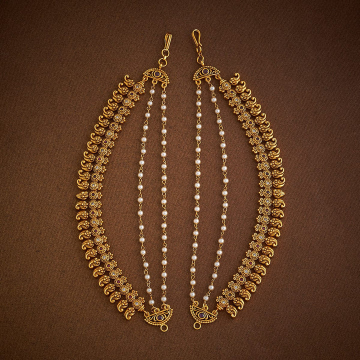 Traditional 3 Strand Antique Gold-Plated Ornate Ear Chain with Gemstone and Pearls