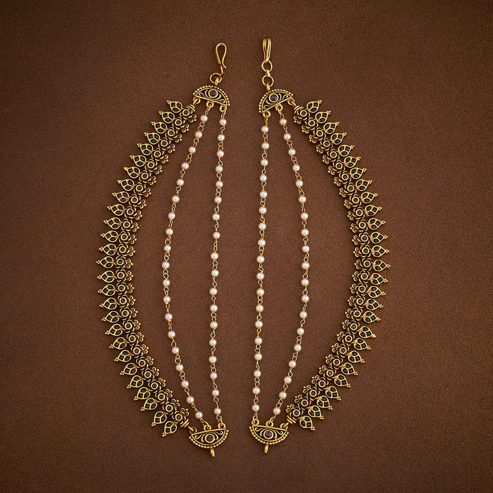 Antique Gold-Plated Floral Design with Stone-Studded and Pearls Layered Matil