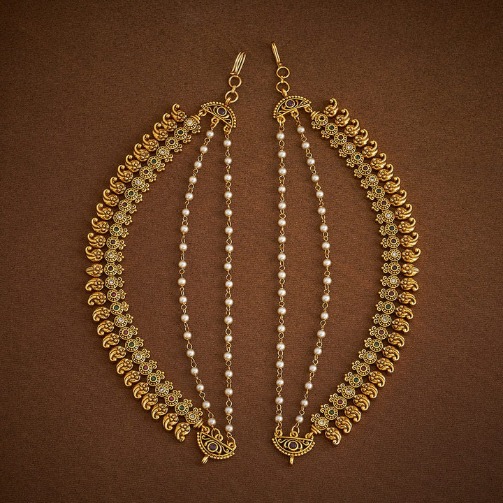 Traditional 3 Strand Antique Gold-Plated Ornate Ear Chain with Gemstone and Pearls