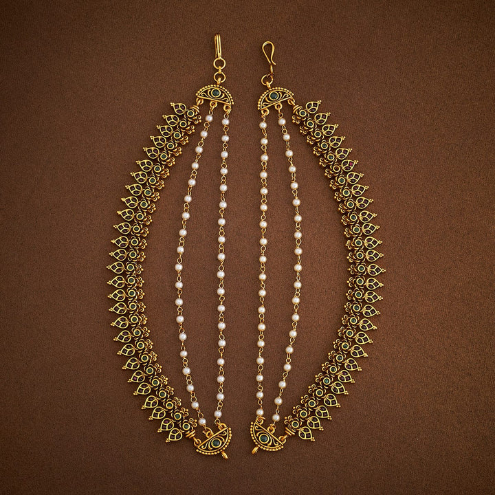 Antique Gold-Plated Floral Design with Stone-Studded and Pearls Layered Matil