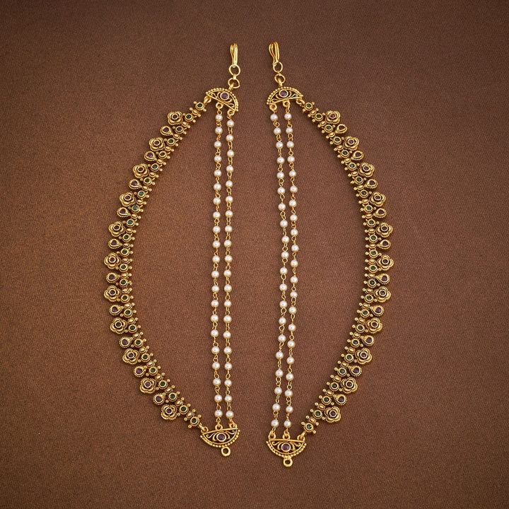 Gold-Plated Antique Matil with Pearls Strand and Gemstones
