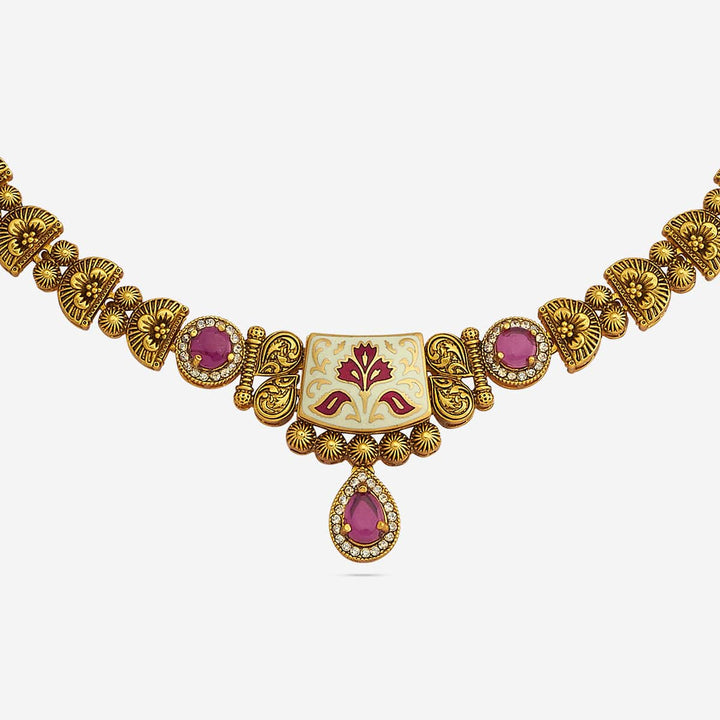 Antique Gold Plated Choker Necklace with Pendant and Matching Earrings
