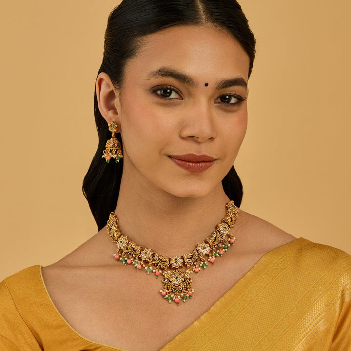 Elephant And Floral Antique Short Necklace Set With Green Stone And Dangling Beads