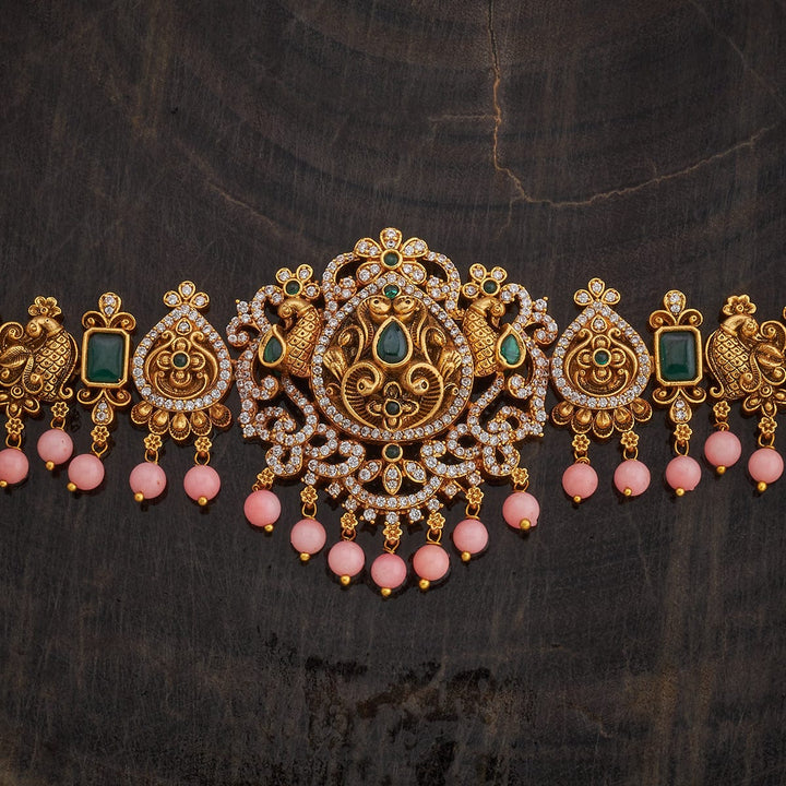 Ornate Gold-Plated Peacock Short Necklace Set with Green, CZ Stones, and Coral Dangling Beads