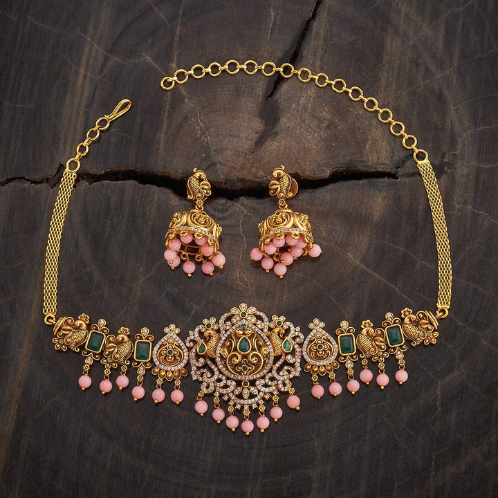 Ornate Gold-Plated Peacock Short Necklace Set with Green, CZ Stones, and Coral Dangling Beads