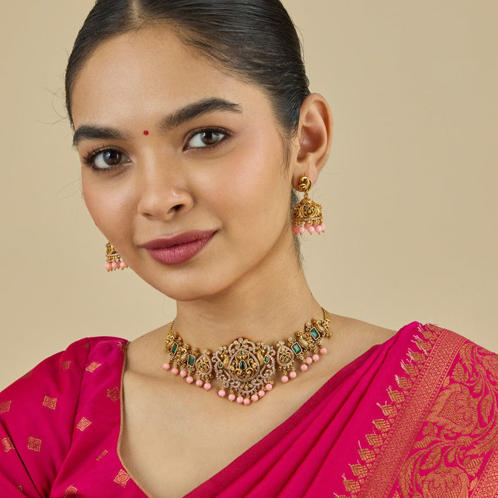 Ornate Gold-Plated Peacock Short Necklace Set with Green, CZ Stones, and Coral Dangling Beads