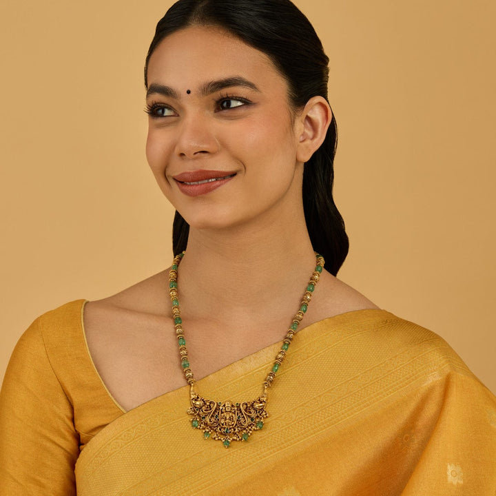 Shree Balaji Antique Short Necklace With Green Stones And Dangling Beads