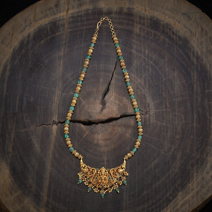 Shree Balaji Antique Short Necklace With Green Stones And Dangling Beads