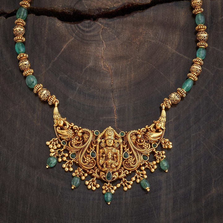 Shree Balaji Antique Short Necklace With Green Stones And Dangling Beads