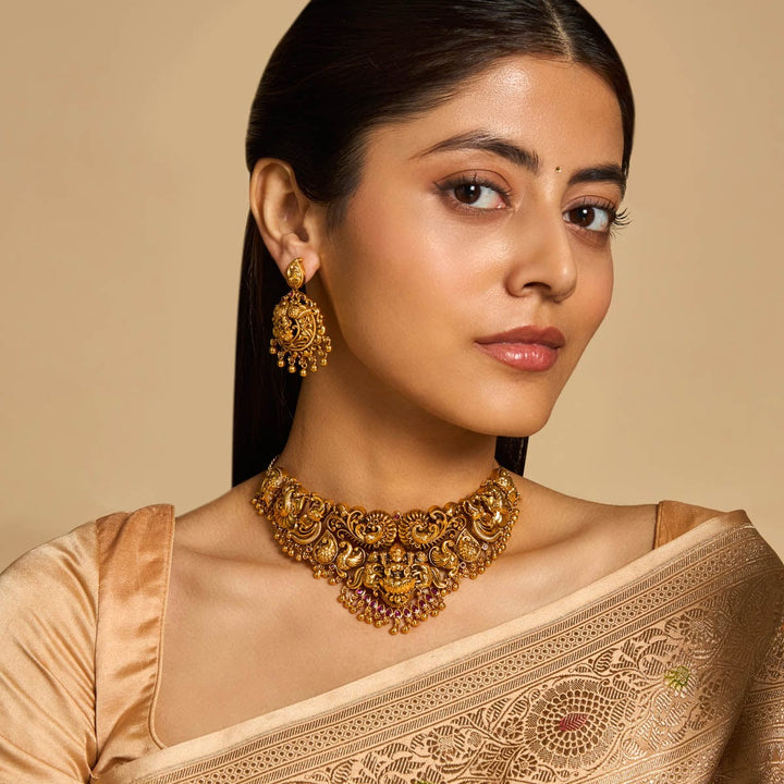 Flower and Lakshmi Design Antique Choker Necklace Set With Dangling Beads