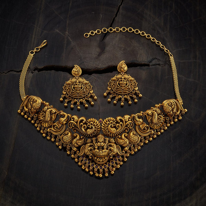 Flower and Lakshmi Design Antique Choker Necklace Set With Dangling Beads