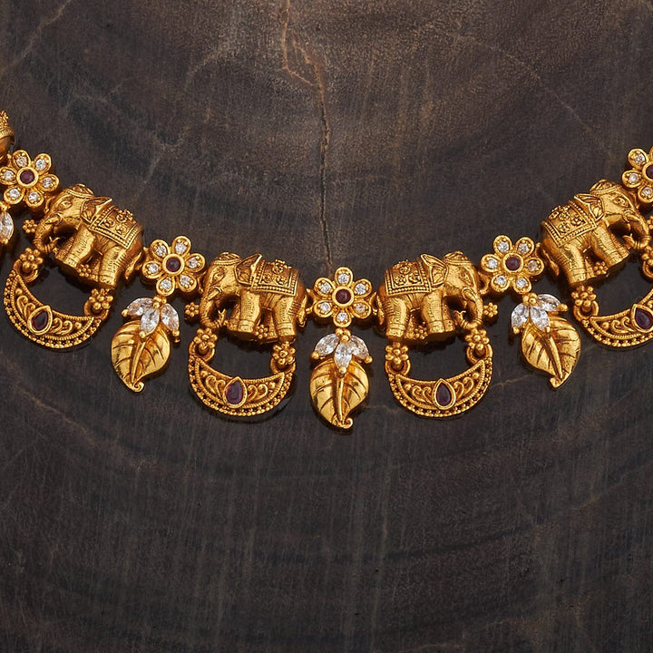 Elephant And Leafs Antique Short Necklace Set With Red Stone