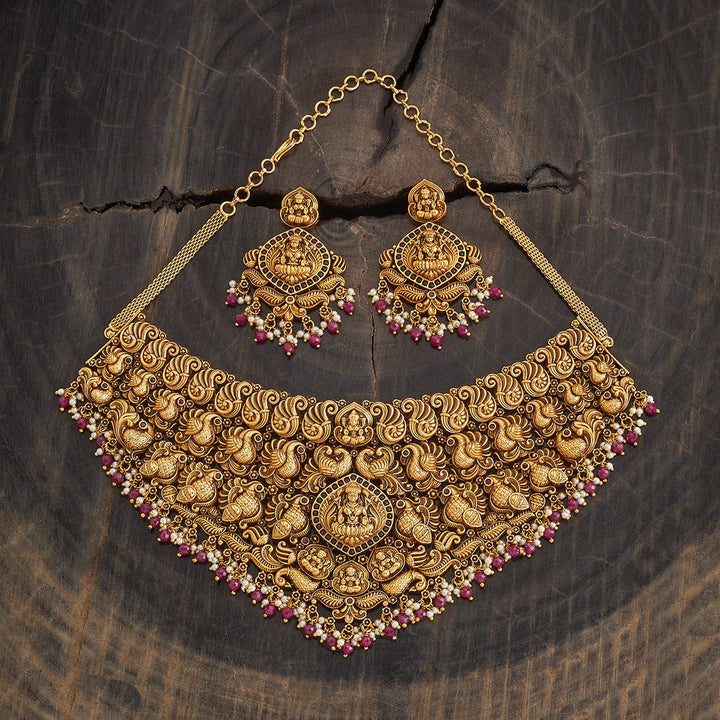 Antique Birds Motifs And Lakshmi Short Necklace Set With Gem Stone And Dangling Beads