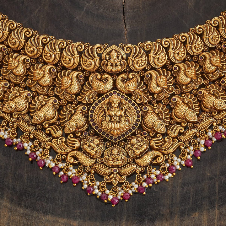 Antique Birds Motifs And Lakshmi Short Necklace Set With Gem Stone And Dangling Beads