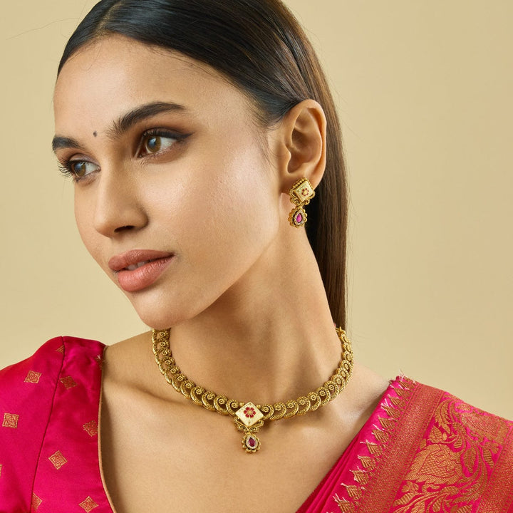 Enamel Floral Short Necklace Set with Red Stone Drops And Matching Earrings