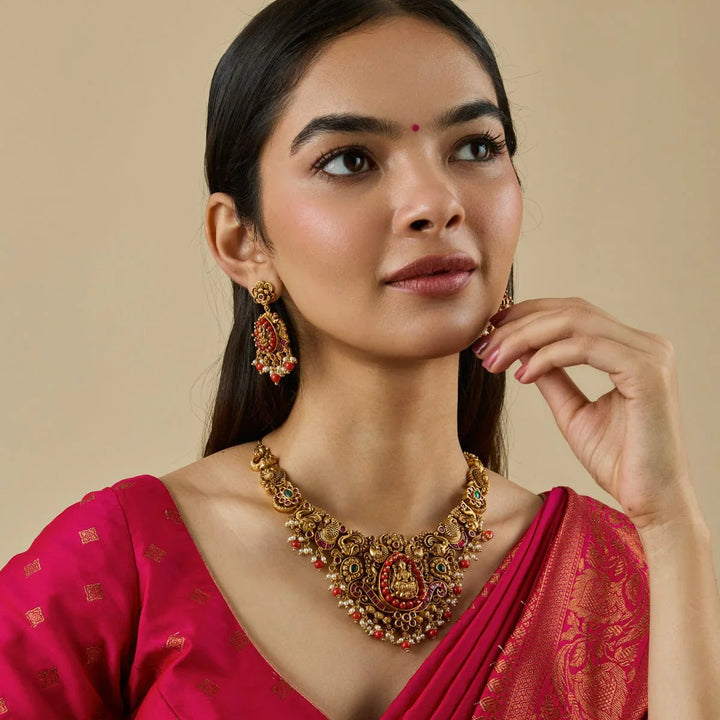 Lakshmi And Peacock Antique Short Necklace Set With Red And Green Stone And Dangling Beads and Pearls