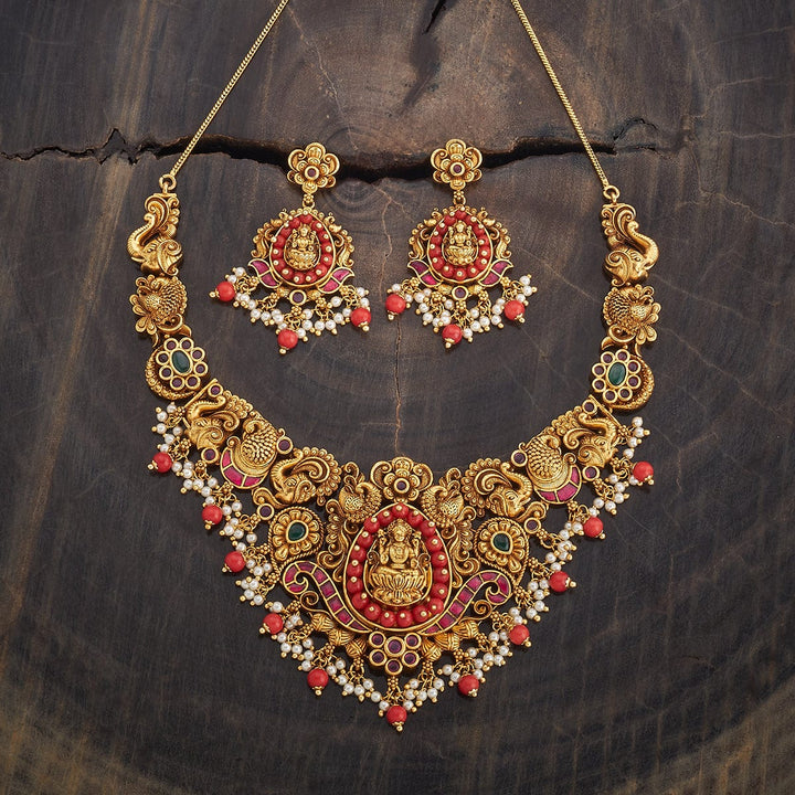 Lakshmi And Peacock Antique Short Necklace Set With Red And Green Stone And Dangling Beads and Pearls