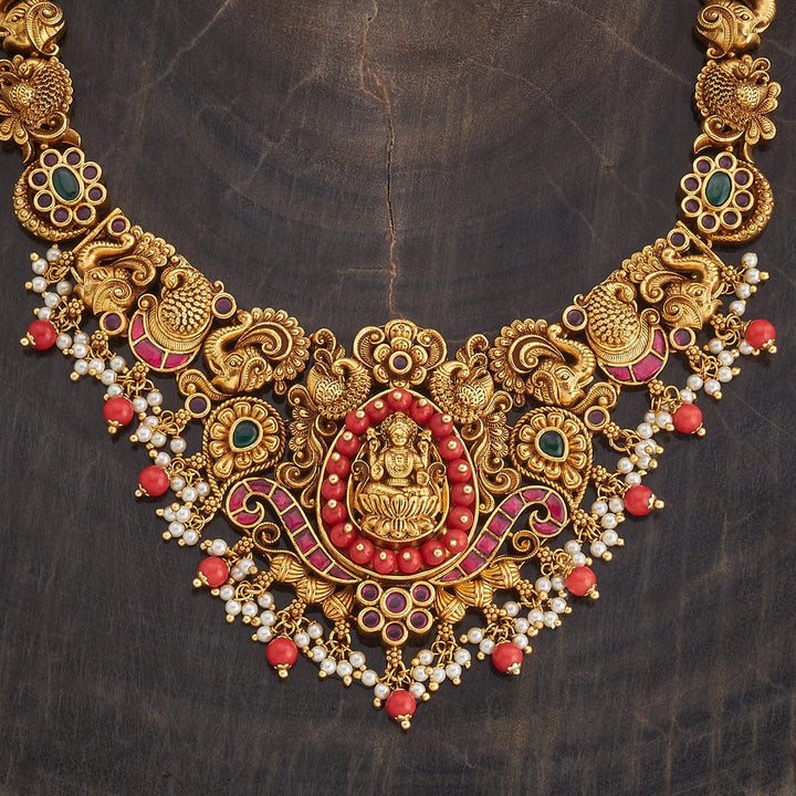 Lakshmi And Peacock Antique Short Necklace Set With Red And Green Stone And Dangling Beads and Pearls