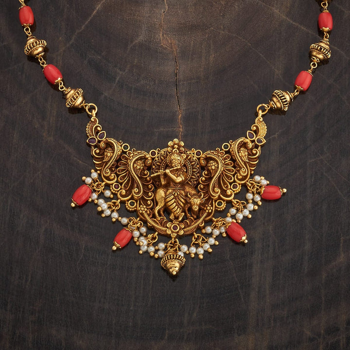 Shree Krishna On Nandi And Peacock Motifs Antique Short Necklace With Red-Green Stones And Coral Dangling Beads And Pearls
