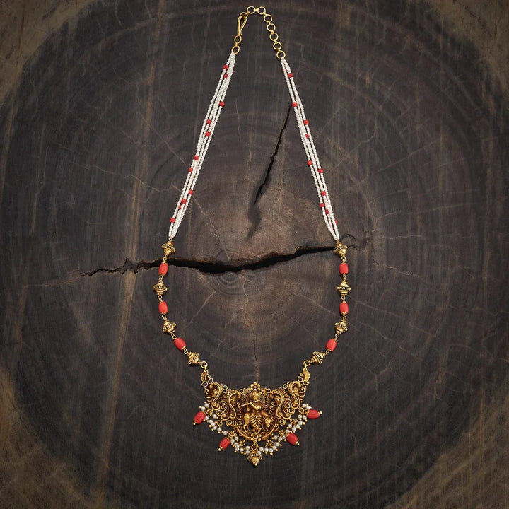 Shree Krishna On Nandi And Peacock Motifs Antique Short Necklace With Red-Green Stones And Coral Dangling Beads And Pearls