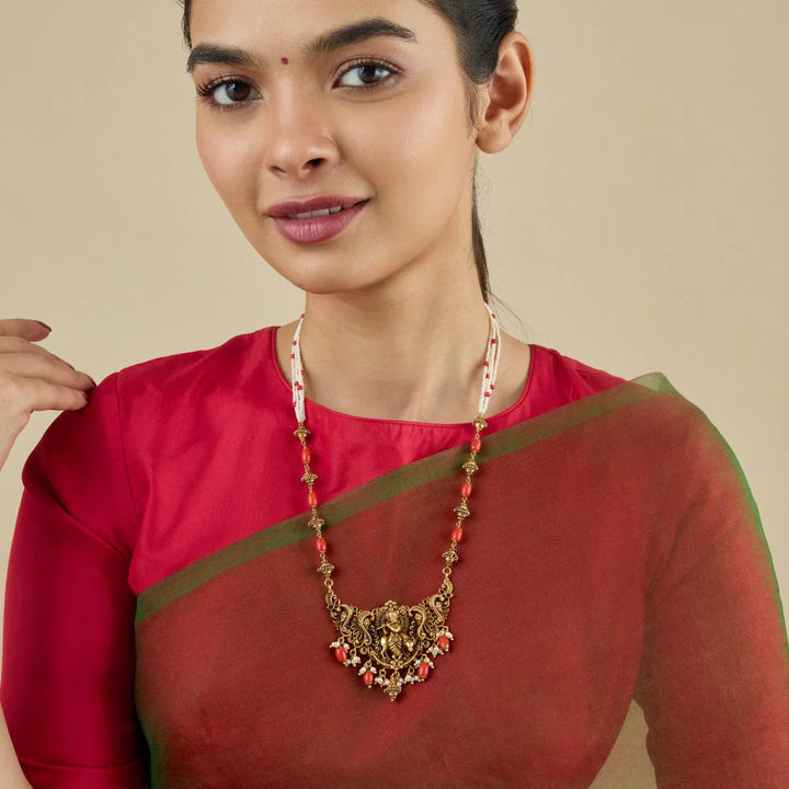 Shree Krishna On Nandi And Peacock Motifs Antique Short Necklace With Red-Green Stones And Coral Dangling Beads And Pearls