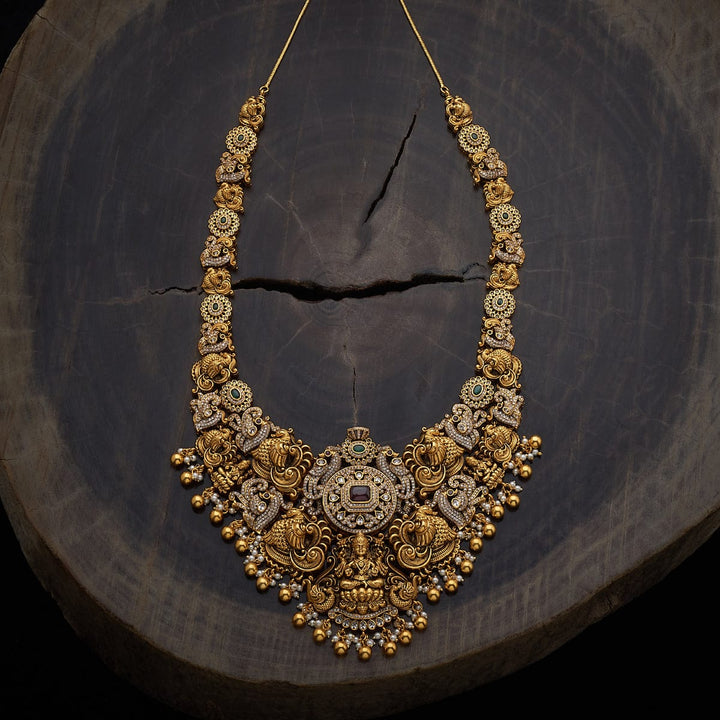 Stunning Lakshmi And Peacock Traditional Antique Necklace With Red-Green stones and Dangling Beeds